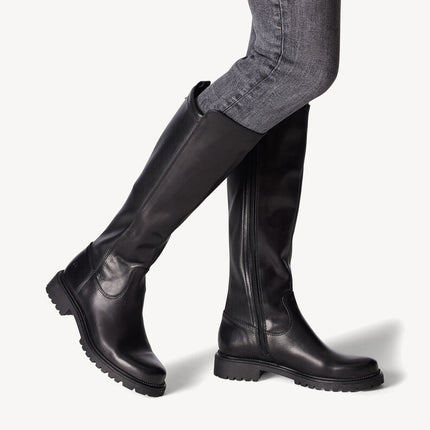 Botas altas negras de piel con parte trasera en tejido elástico