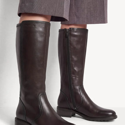 High brown leather boots with elastic fabric back