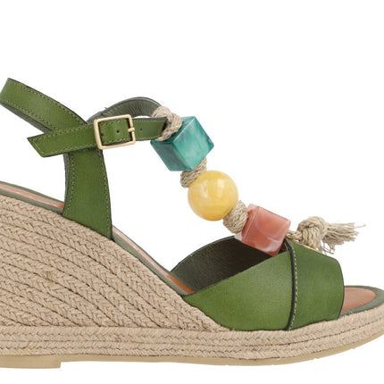 Green leather sandals with gems ornament