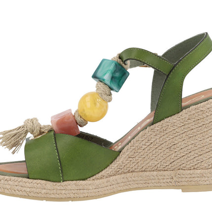 Green leather sandals with gems ornament