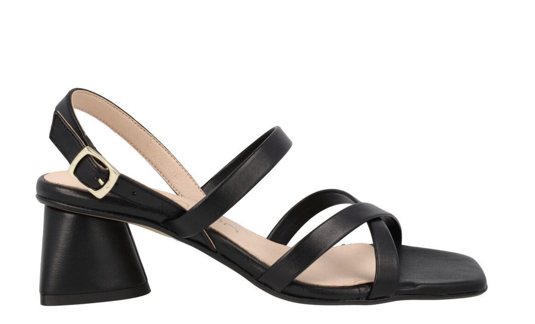 Leather sandals with strips and geometric heel