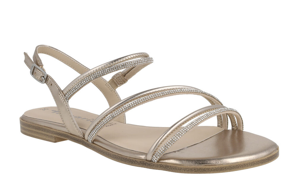 Flat strips sandals in metallic gold and strass