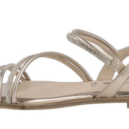 Flat strips sandals in metallic gold and strass