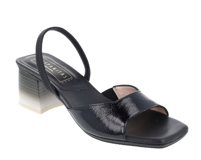 Patent leather sandals with bicolor blunt heel