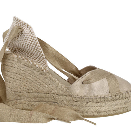 Valencian Alpargatas Silene in suede gold with ribbons and yute platform