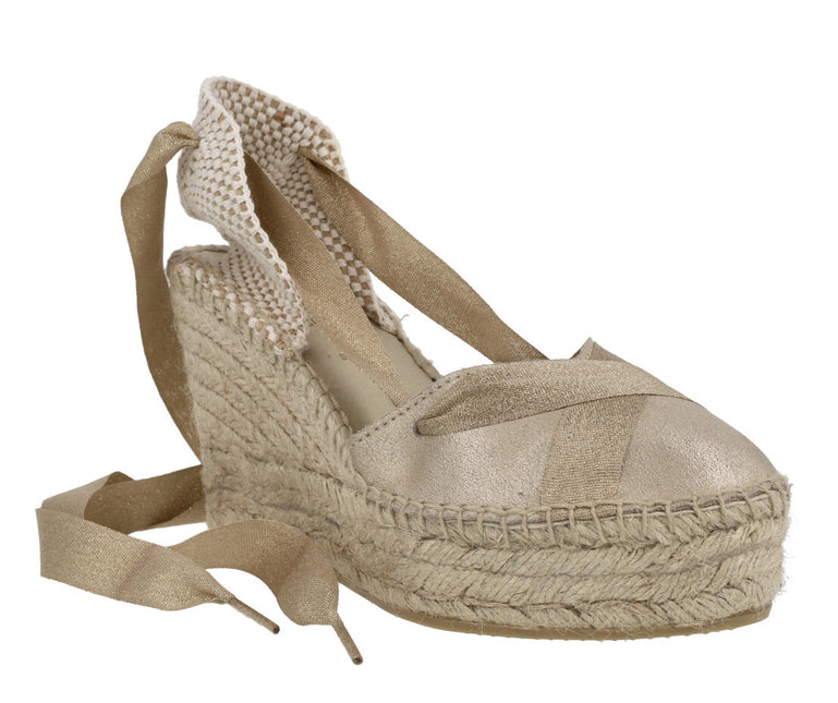 Valencian Alpargatas Silene in suede gold with ribbons and yute platform