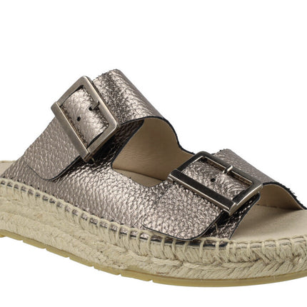 Metalized leather sandals with double buckle and esparto floor