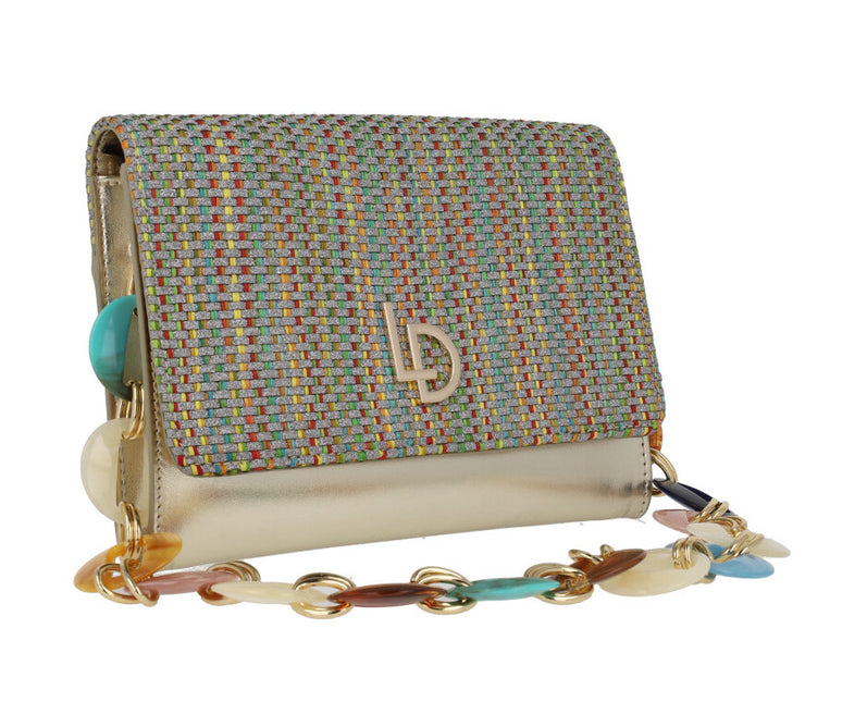 Lodi Bags in gold metal with lid on multicolored fabric