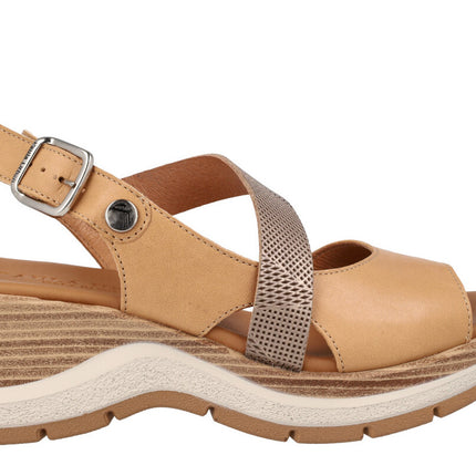 Camel -colored leather sandals with bronze and buckle cross strip