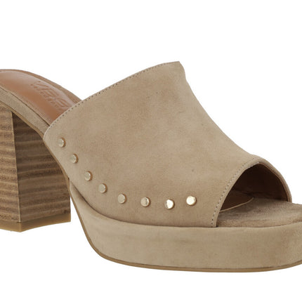 Beige suede clogs with rivets and high pearl heel