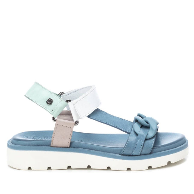 Women's sandals in combined jeans with chain ornament