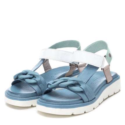Women's sandals in combined jeans with chain ornament