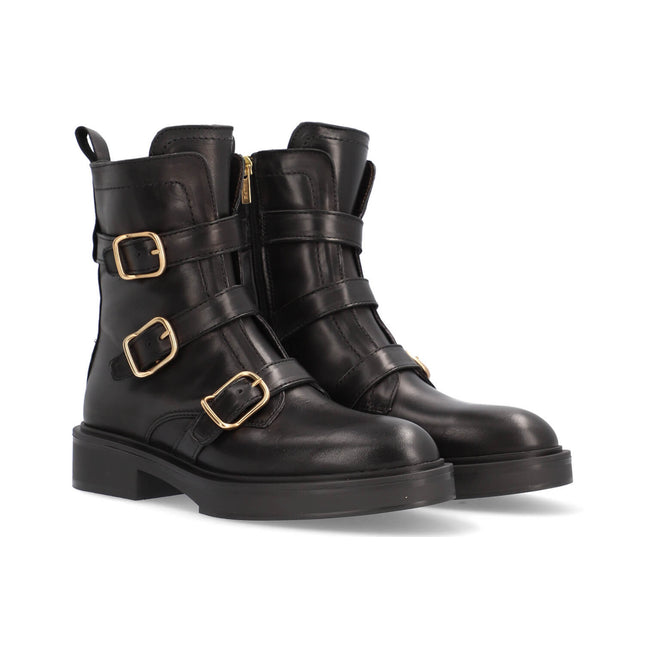 Black leather booties vogue with triple buckle