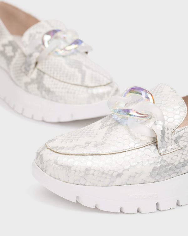Rose Moccasins in White Snake Leather - Silver