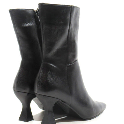 Black leather ankle boots with asymmetric heel cindy