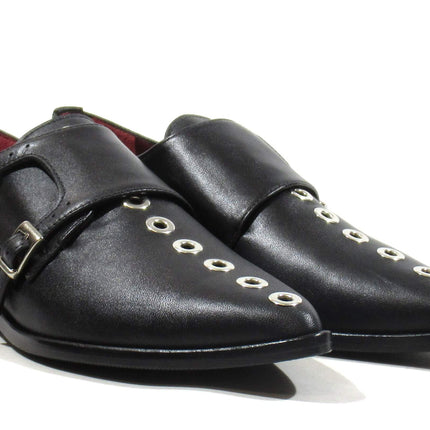 Black leather shoes with buckles and rivets for women