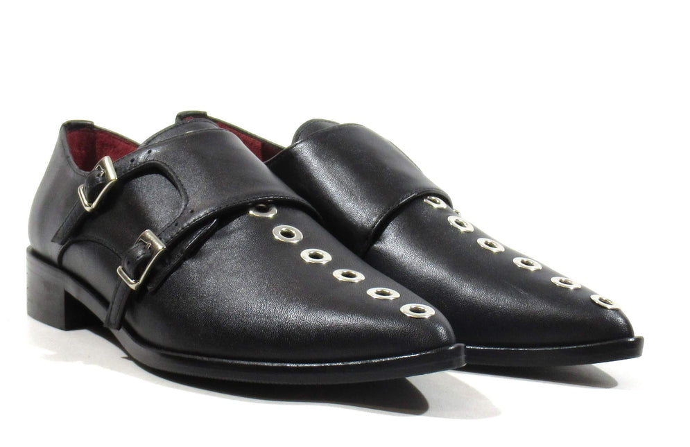 Black leather shoes with buckles and rivets for women
