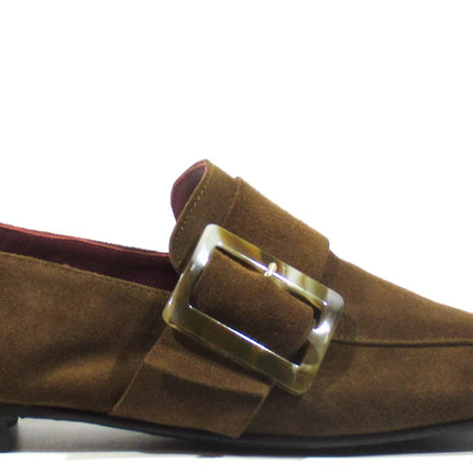 Brown suede moccasins with birth buckle for women