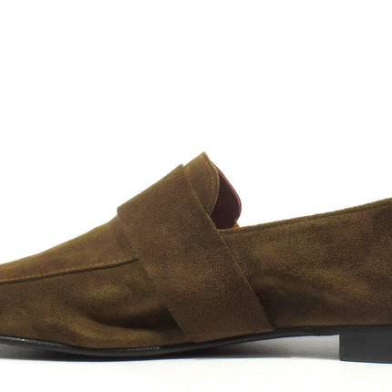 Brown suede moccasins with birth buckle for women
