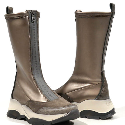 Multimaterial high boots with frontal zipper for women