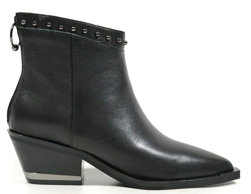 Black cowboy booties with low heel and rivets