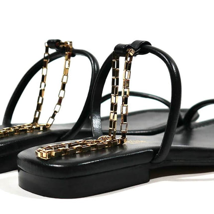Black sandals with golden ankle bracelet for women