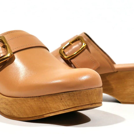 Leather clogs with buckle for women