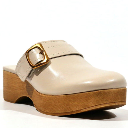 Leather clogs with buckle for women
