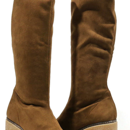High boots in brown elastic tissue with rubber heels