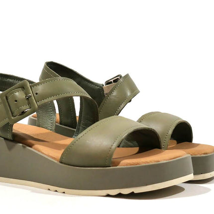 Green leather sandals with women's platform