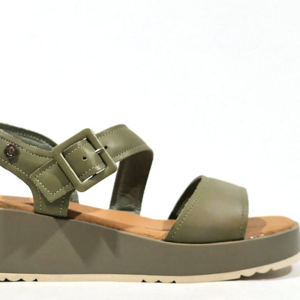 Green leather sandals with women's platform
