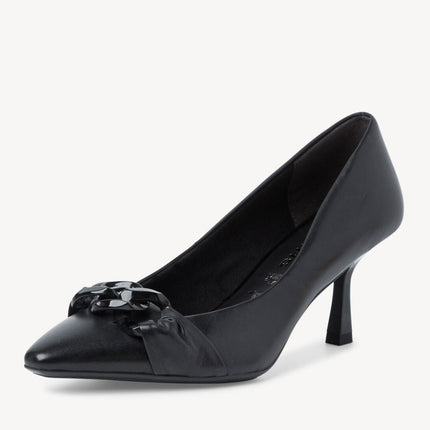Black leather halls with chain and fine heel for women