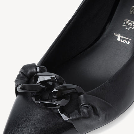 Black leather halls with chain and fine heel for women