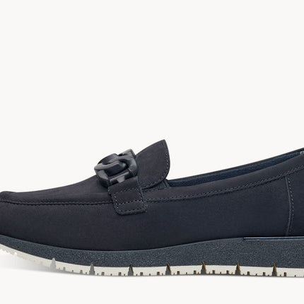 Navy blue sports moccasins with ornament