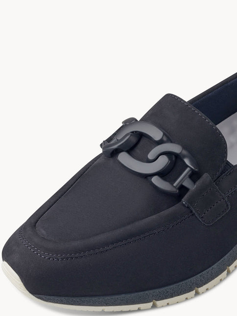 Navy blue sports moccasins with ornament