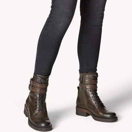 Olive leather ankle boots and buckles